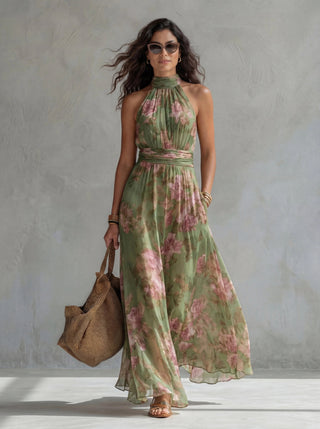 Livia | Vestido Maxi Halter Floral Elegante